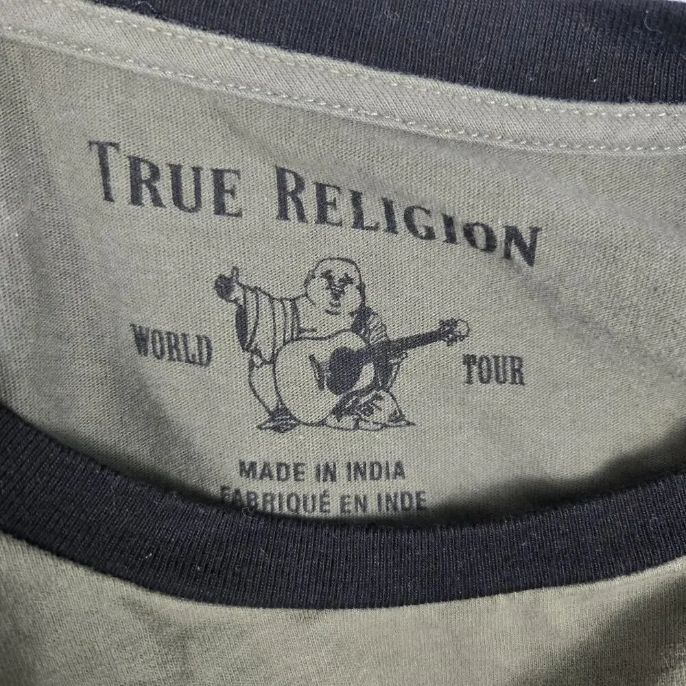 True Religion World Tour T-Shirt Men's XXL Green/Black Crew Neck Long Sleeve